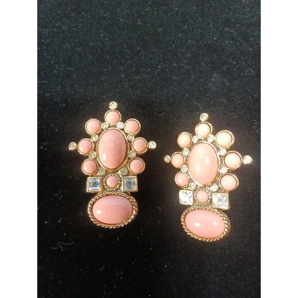 VTG 1995 Elizabeth Taylor for Avon Salmon Pink Cabochon Crystal Clip Earrings - Picture 5 of 10